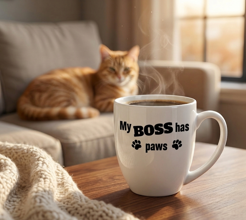 White mug with 'My boss has paws' text next to a cat on a couch
