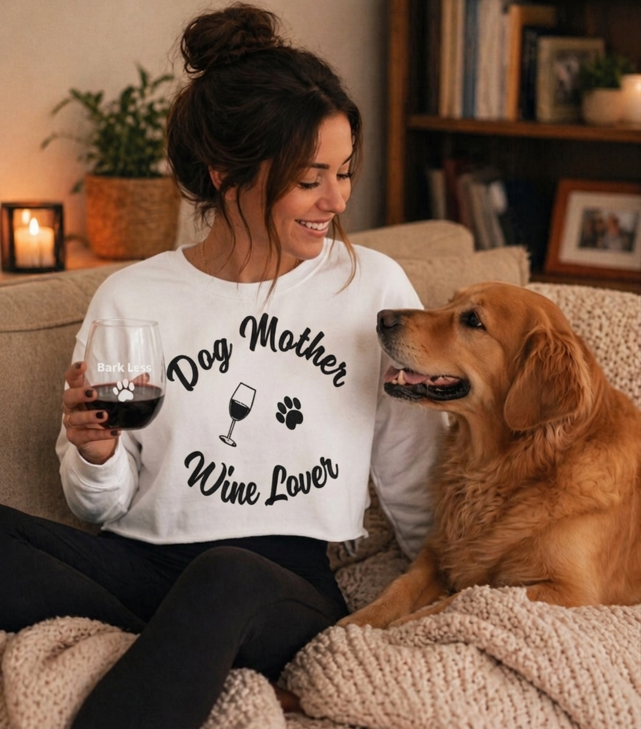 Woman wearing a 'Dog Mother Wine Lover' shirt sitting with a dog in a cozy living room.