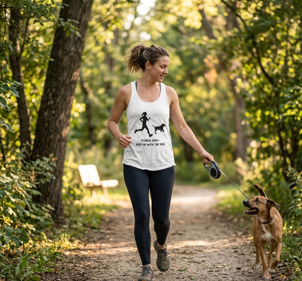 Woman wearing dog lover racerback tank top while walking her dog outdoors