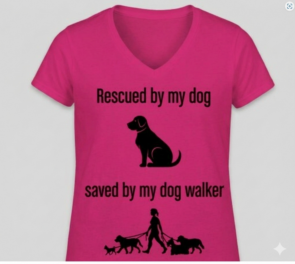 Rescued by My Dog, Saved by My Dog Walker Women’s V-Neck T-Shirt