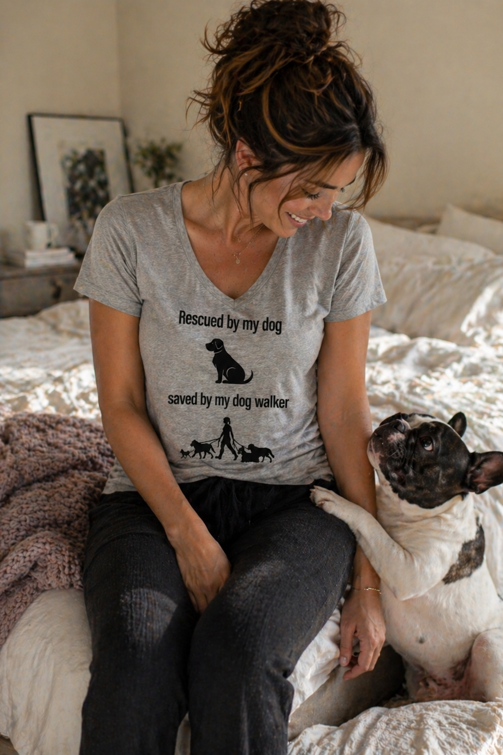 Rescued by My Dog, Saved by My Dog Walker Women’s V-Neck T-Shirt