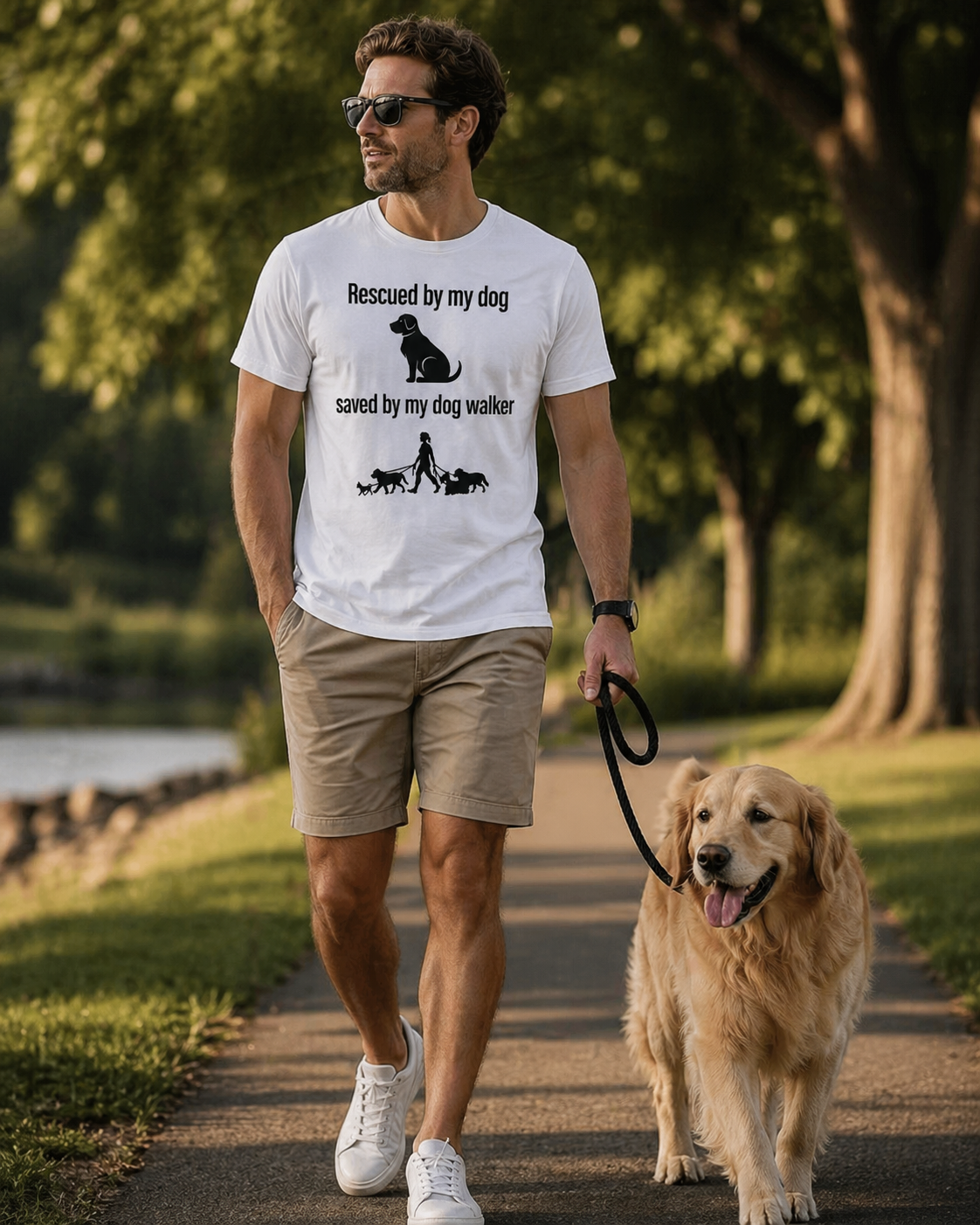 Man walking dog in park with rescued by dog t-shirt