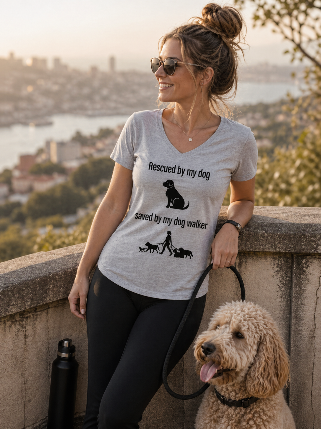 Woman wearing a t-shirt with a dog-themed message, standing with a dog on a leash against a scenic background.