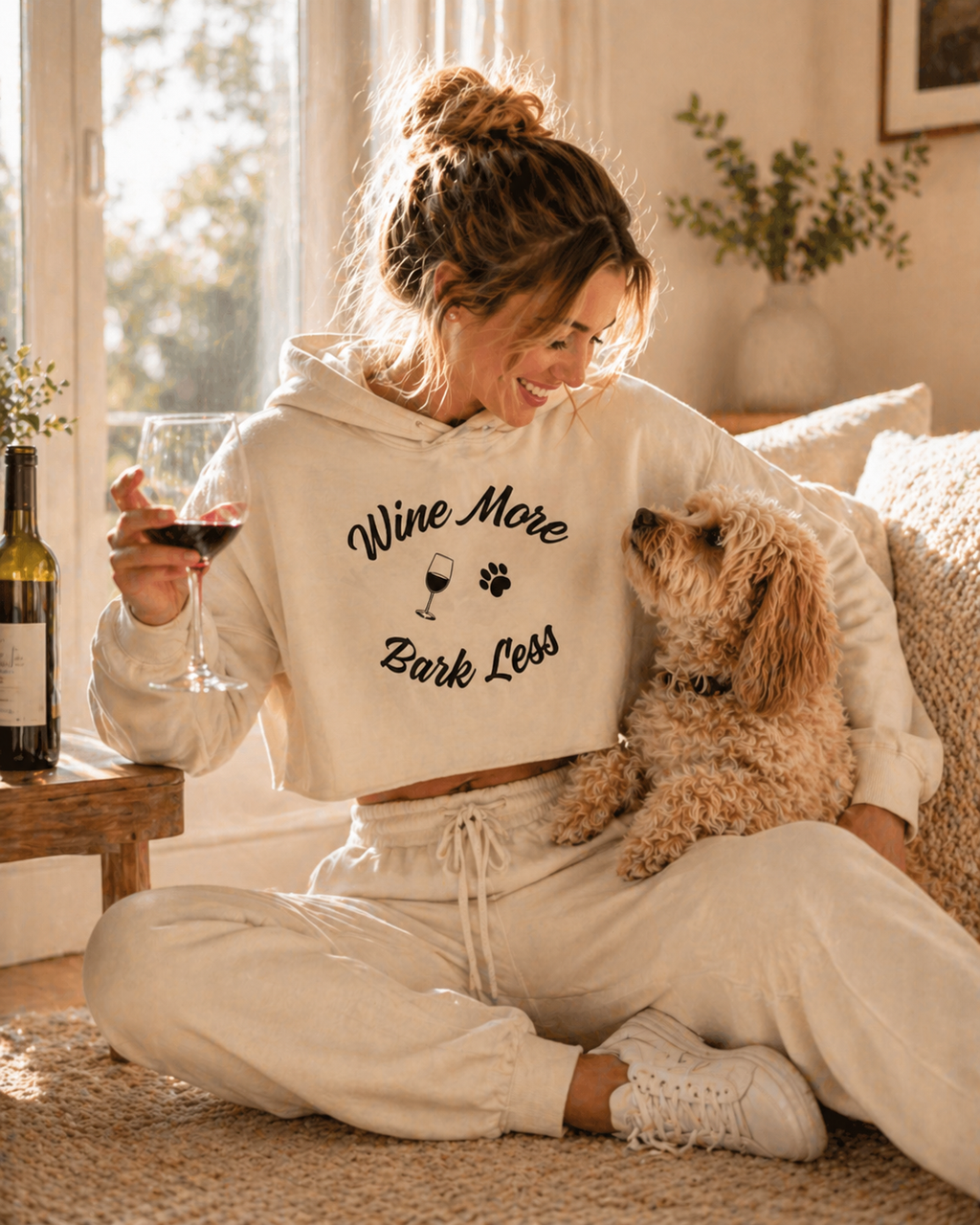 Wine More, Bark Less Dog Mom Cropped Fleece Hoodie