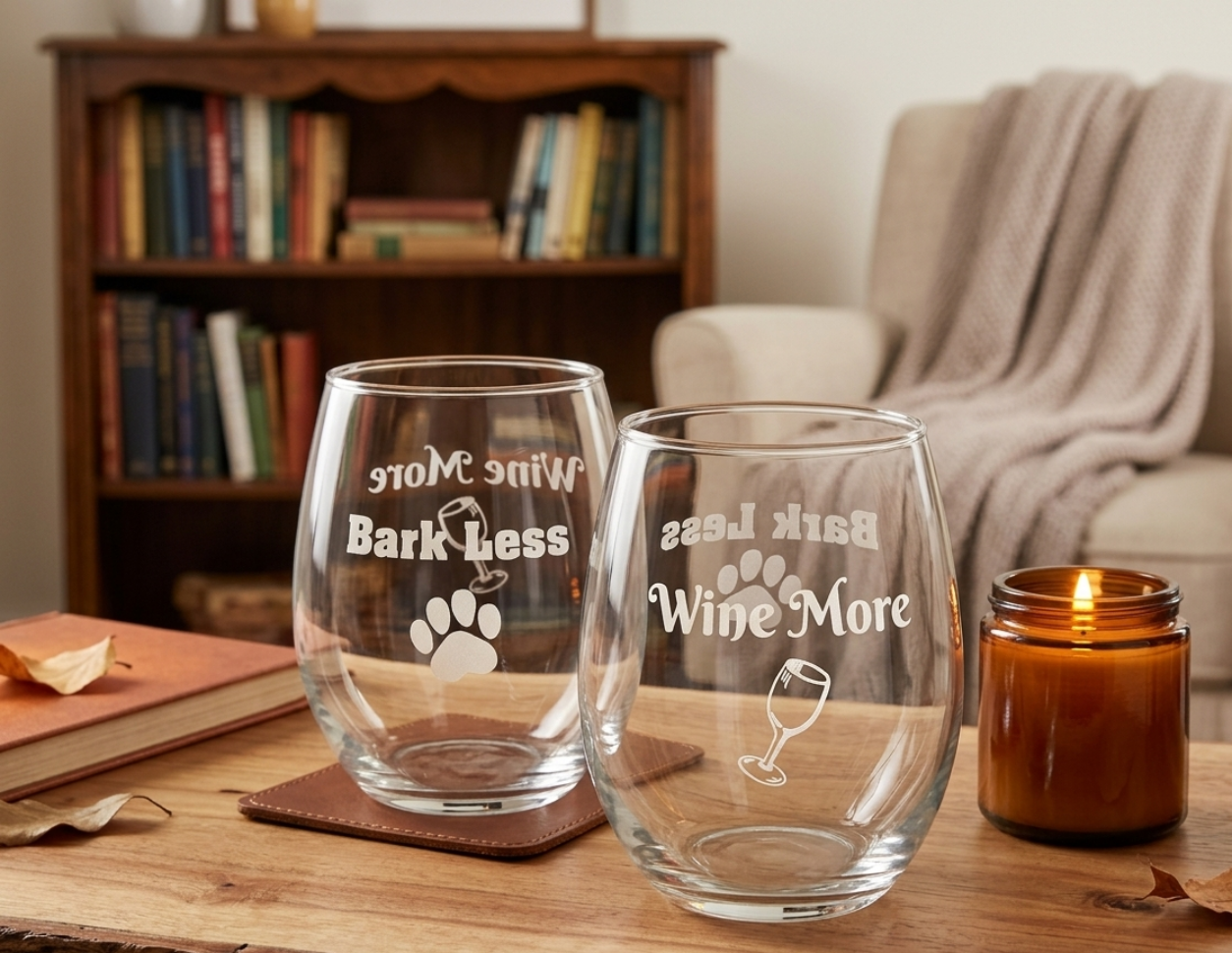 Stemless wine glass with “Bark Less, Wine More” design for dog lovers