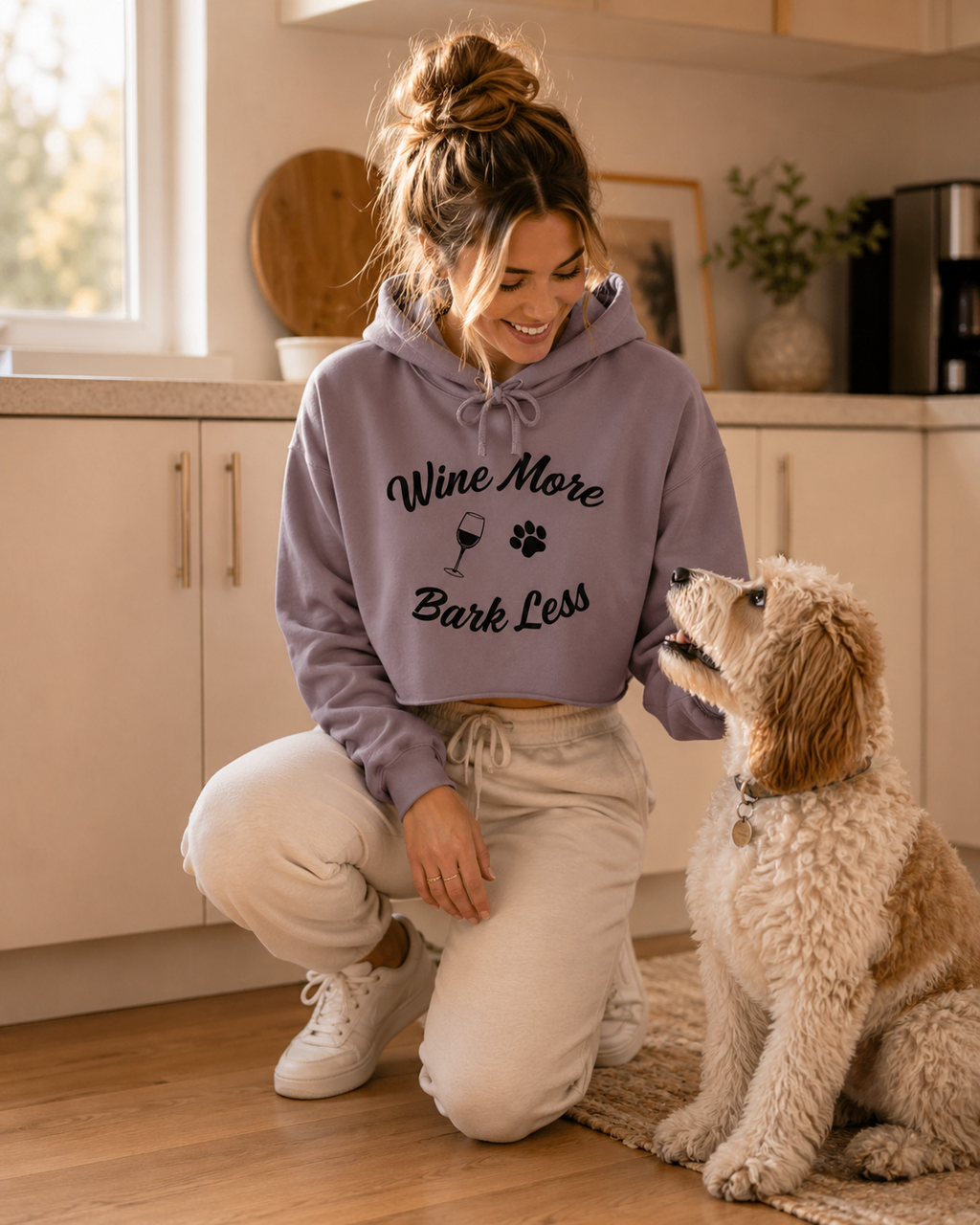 Wine More, Bark Less Dog Mom Cropped Fleece Hoodie