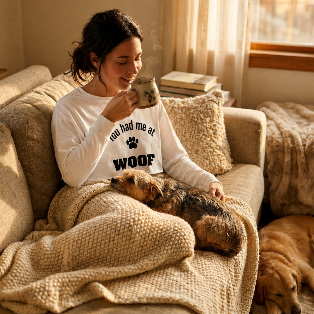 Woman relaxing on couch with her dog wearing “You Had Me at Woof” cropped long sleeve shirt