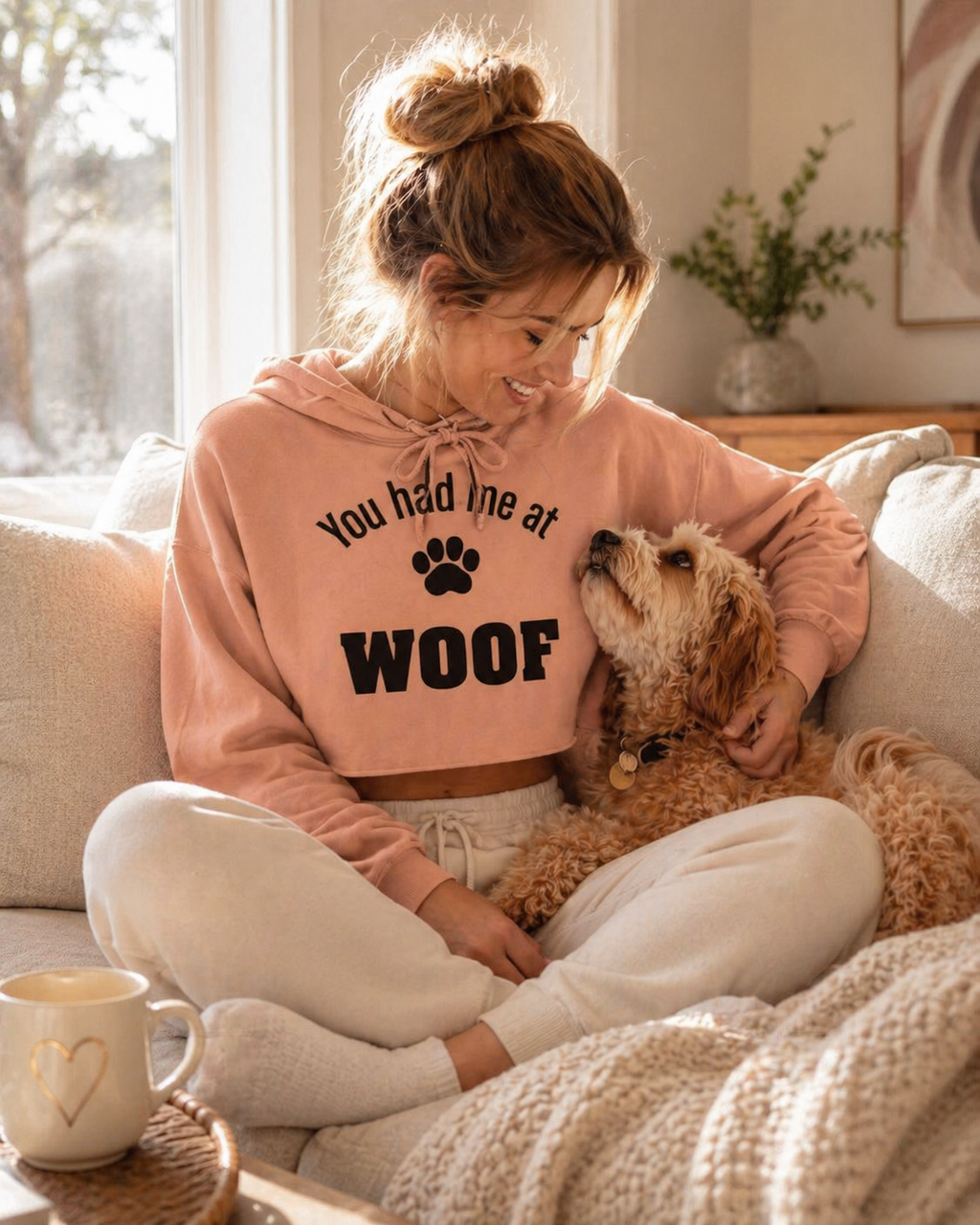 Woman in a pink 'You had me at Woof' hoodie sitting on a couch with a dog.