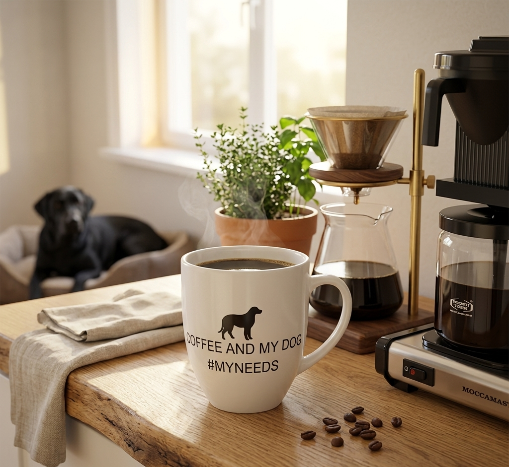 White mug with 'Coffee and my dog #MYNEEDS' text on a wooden table with coffee maker and dog in background