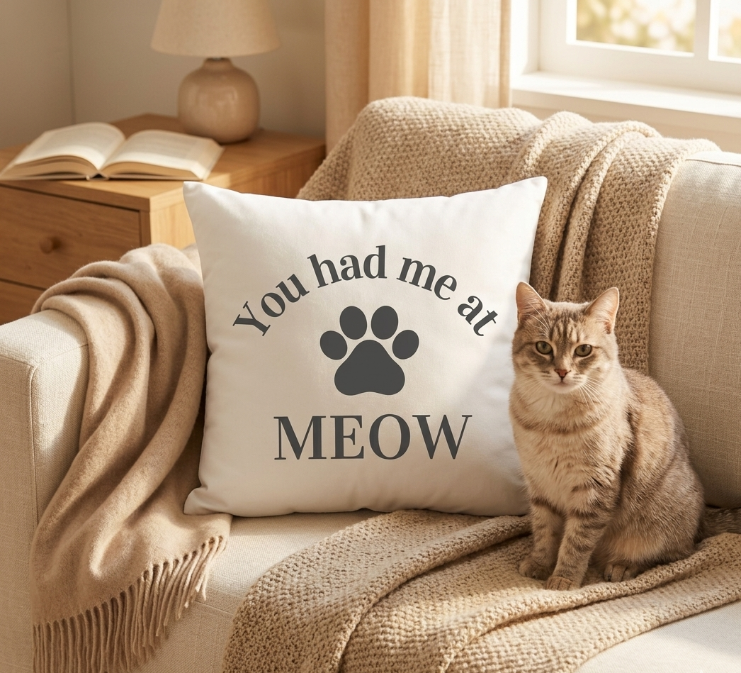 Cat sitting on a couch with a pillow that says 'You had me at MEOW' in a cozy living room.