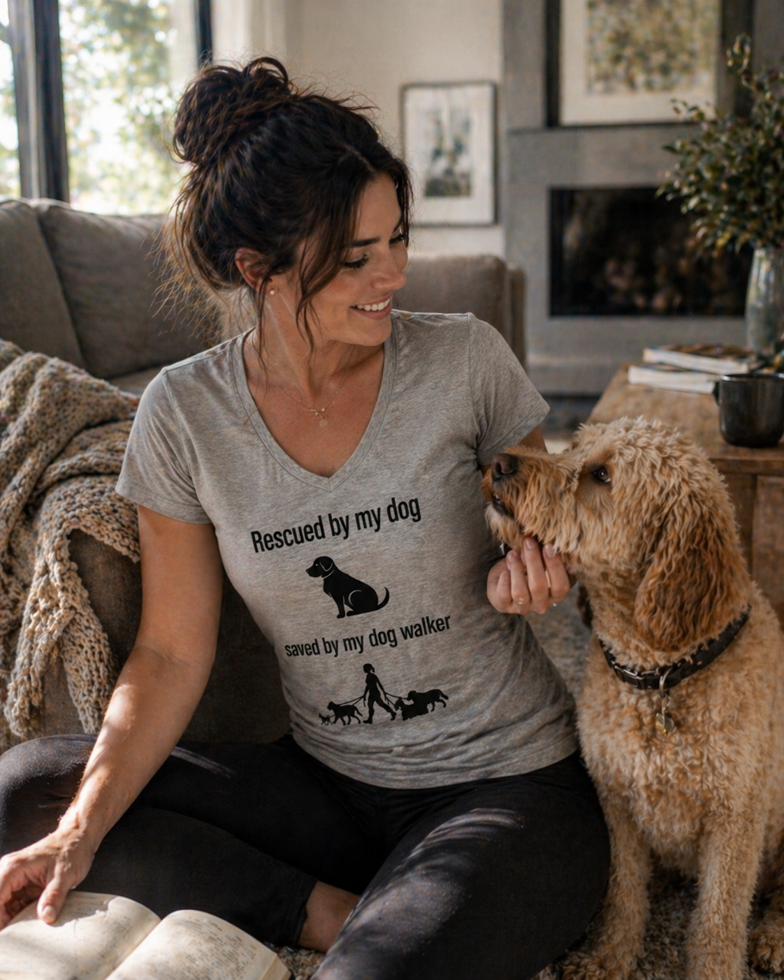 Rescued by My Dog, Saved by My Dog Walker Women’s V-Neck T-Shirt